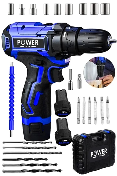 POWER BLACK MATKAP 12 PARÇA 12 V MATKAP SETİ 2 BATARYA 1 ŞARJ CİHAZİ ürün görseli 1