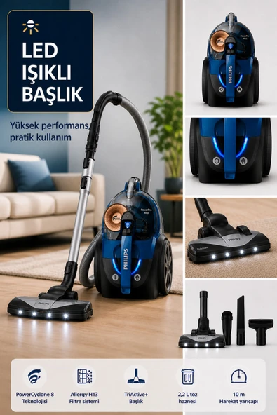 Philips PowerPro Max Cyclone Teknolojili 900W Elektrikli Süpürge LED Başlıklı Toz Torbasız Süpürge ürün görseli 1
