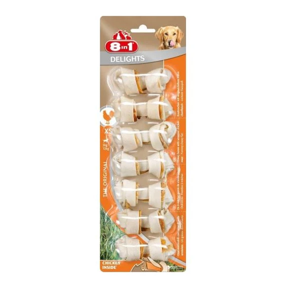 8in1 Delights Bones Ağız Bakımı için Tavuklu Düğümlü Köpek Kemiği (7'li) XS 84gr ürün görseli 1