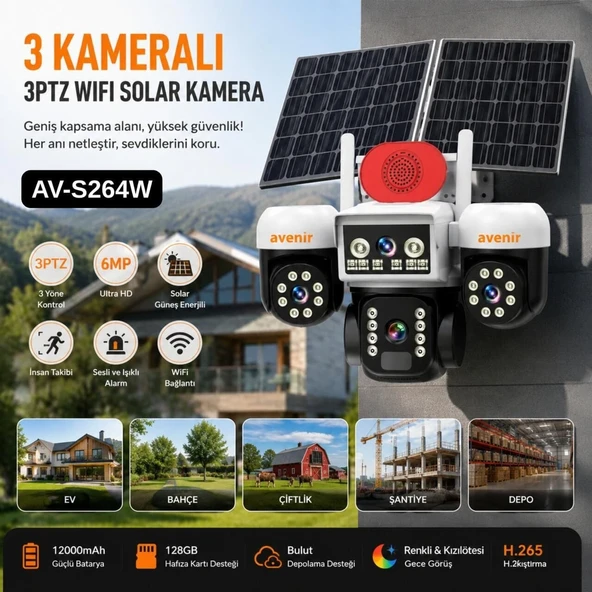 3 Kameralı PTZ Solar Wifi Kablosuz Güvenlik Kamerası Avenir AV-S264W Güneş Enerjili ürün görseli 1
