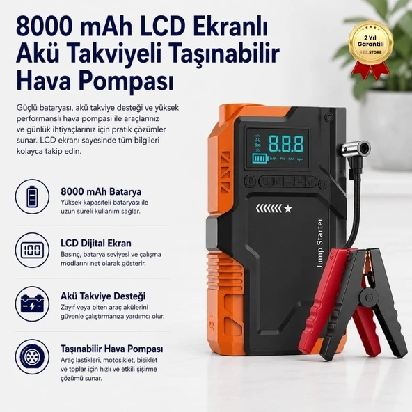 8000 mAh LCD Ekranlı Akü Takviyeli Taşınabilir Hava Pompası ürün görseli 1