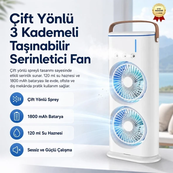 Çift Yönlü Spreyli Fan  120 ml Su Hazneli, 1800 mAh Bataryalı, 3 Kademeli Taşınabilir Serinletici Fan ürün görseli 1