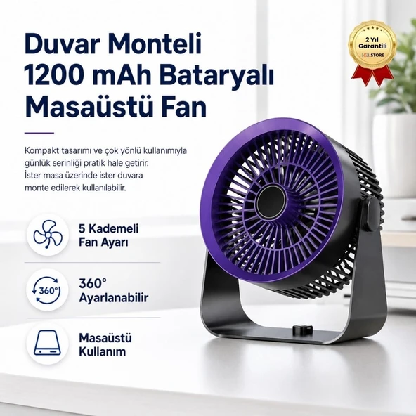Duvar Monteli Masaüstü Fan  1200 mAh Bataryalı, 360° Ayarlanabilir, 5 Kademeli Taşınabilir Fan ürün görseli 1