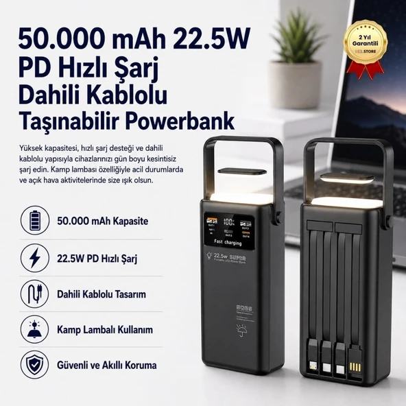 50.000 mAh 22.5W PD Hızlı Şarj Kamp Lambalı Dahili Kablolu Powerbank Taşınabilir Şarj Cihazı ürün görseli 1