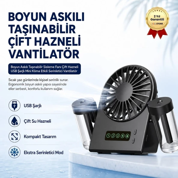 Boyun Askılı Taşınabilir Sisleme Fanı Çift Hazneli USB Şarjlı Mini Klima Etkili Serinletici Vantilatör ürün görseli 1