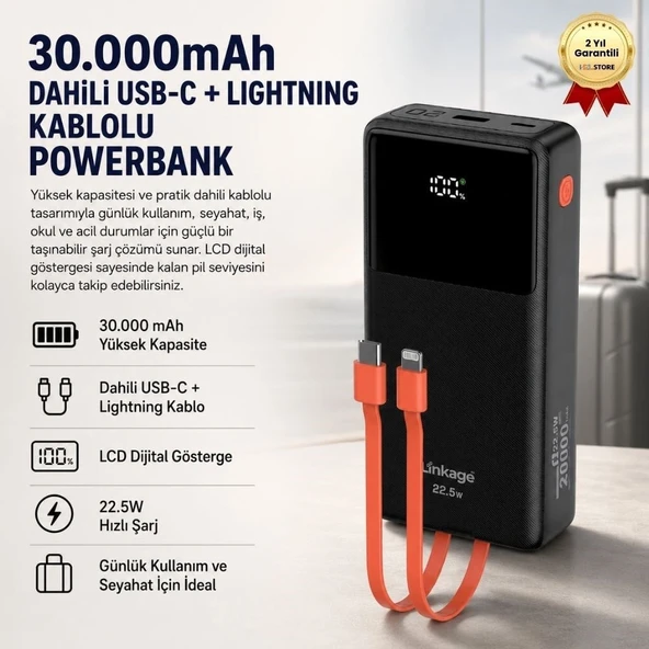 30.000mAh Dahili USB-C + Lightning Kablolu Powerbank  LCD Göstergeli Taşınabilir Hızlı Şarj Cihazı ürün görseli 1
