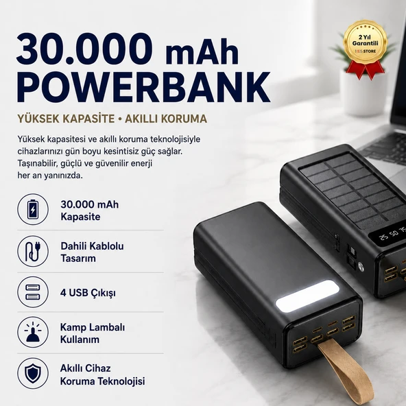 30,000 mAh Dijital Ekranlı Hızlı Şarj Dahili Kablolu Taşınabilir Powerbank ürün görseli 1