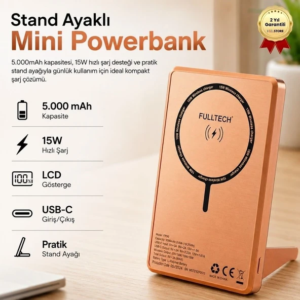 5.000mAh LCD Ekranlı Standlı Mini Powerbank 15W Hızlı Şarj, USB-C Giriş/Çıkış, Telefon Tutuculu ürün görseli 1