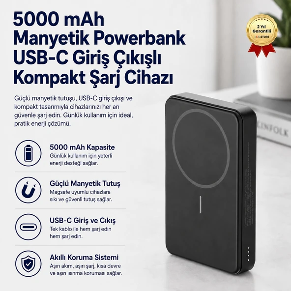 5000 mAh Manyetik Wireless Powerbank USB-C Giriş Çıkışlı Kompakt Şarj Cihazı ürün görseli 1