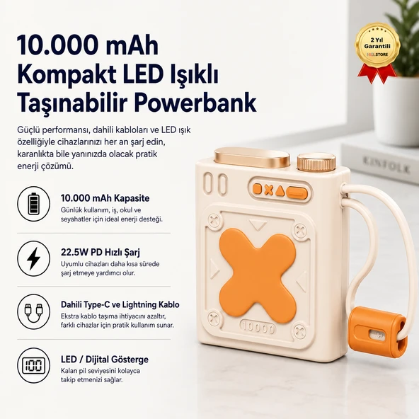10.000 mAh Kompakt LED Işıklı Taşınabilir Powerbank ürün görseli 1