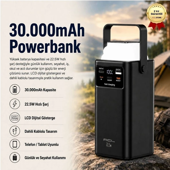 30.000mAh Powerbank , 22.5W Hızlı Şarjlı, LCD Göstergeli, Dahili Kablolu Taşınabilir Şarj Cihazı ürün görseli 1