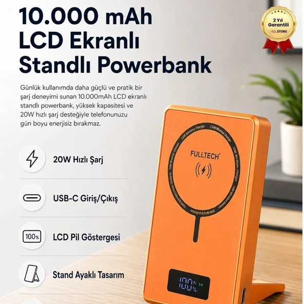 10.000mAh LCD Ekranlı Standlı Powerbank ,20W Hızlı Şarj, USB-C Giriş/Çıkış, Telefon Tutuculu Taşınabilir Şarj Cihazı ürün görseli 1
