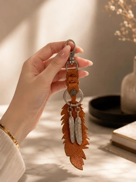 Hakiki Deri Yaprak Anahtarlık Karabinalı Araba Anahtarı Çanta Askısı Metal Tüy Detaylı Bohem Anahtarlık Unisex 21.5 CM ürün görseli 1