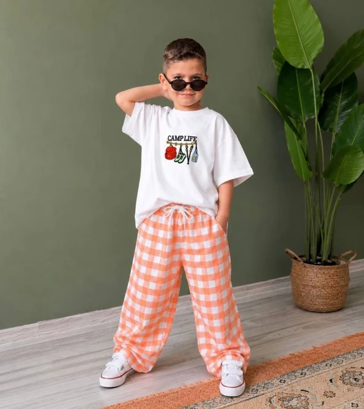Cg Kids Camp Life Baskılı Tişört ve Ekose Pantolon  Erkek Çocuk Takımı / Turuncu ürün görseli 1