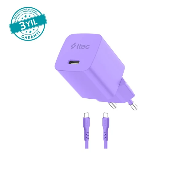 Ttec SmartCharger GAN 20W PD Seyahat Hızlı Şarj Aleti + USB-C - USB-C 3A Kablo Neon - Mor ürün görseli 1