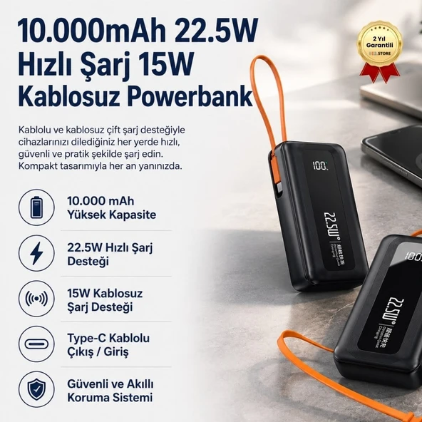 10.000 mAh 22.5W Hızlı Şarj Dahili USB-C Kablolu Dijital Göstergeli Taşınabilir Powerbank ürün görseli 1