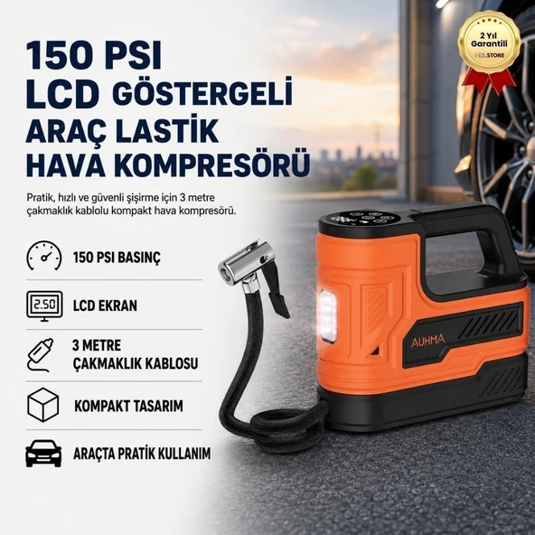 3 Metre Çakmaklık Kablolu Araç Lastik Hava Kompresörü – 150PSI Basınçlı, LCD Göstergeli Taşınabilir Lastik Şişirme Pompası ürün görseli 1