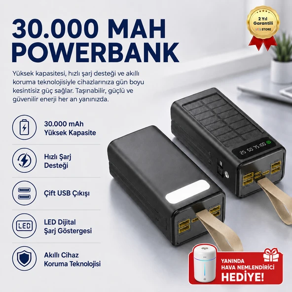 Solar 30.000mAh Powerbank Dijital Göstergeli, 4 USB Çıkışlı, Dahili Type-C ve Lightning Kablolu Powerbank ürün görseli 1