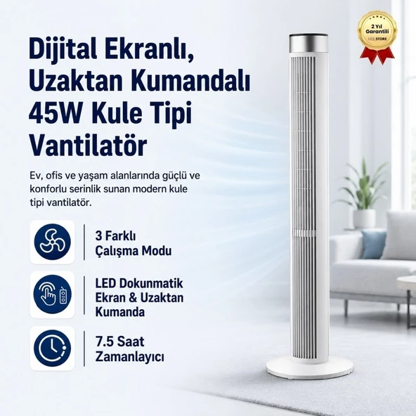 Dokunmatik Ekranlı Kumandalı Kule Tipi Vantilatör ürün görseli 1