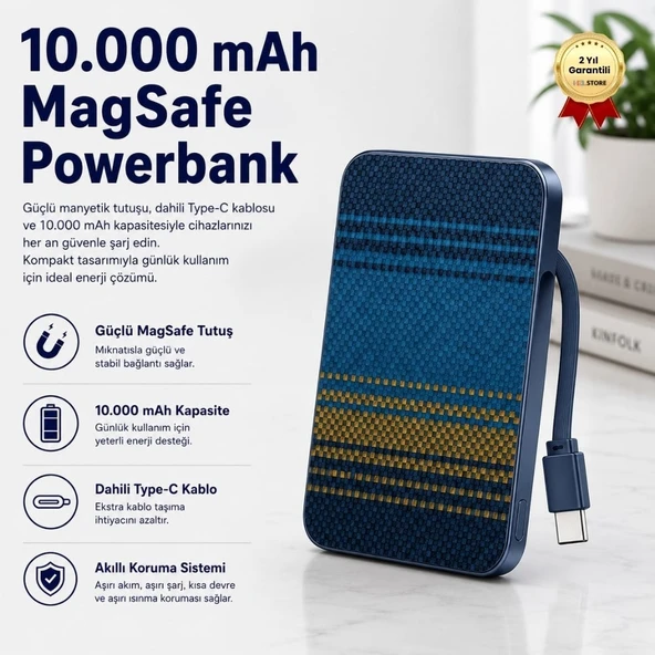 10.000 mAh Dahili Magsafe Type-C Kablolu Powerbank Karbon Desenli Taşınabilir Şarj Cihazı ürün görseli 1