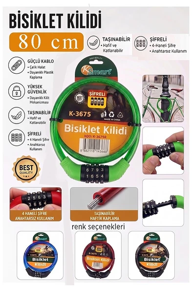 Yeşil Şifreli Bisiklet Kilidi 80 cm 1 Adet K-3675 Çelik Halat Plastik Kaplamalı Bisiklet Kiliti Scooter Kapı Şifreli ürün görseli 1