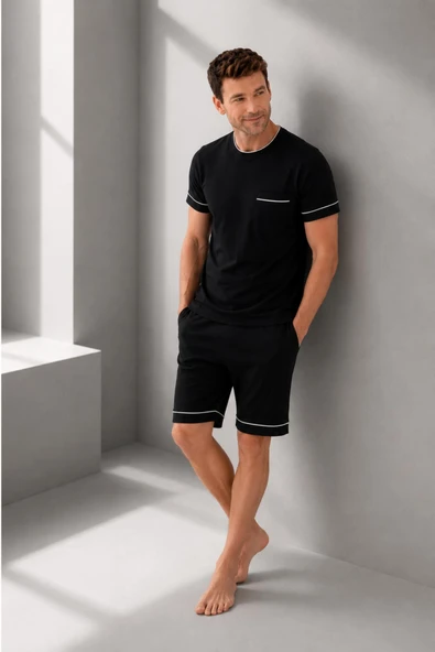 Arnetta Premium Seri Erkek %100 Pamuklu Rahat Kalıp Cepli Kısa Kollu Şortlu Kutulu Pijama Takım ürün görseli 1