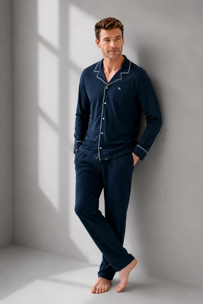 Arnetta Premium Seri Erkek %100 Pamuklu Önden Düğmeli Rahat Kalıp Uzun Kollu Kutulu Pijama Takım ürün görseli 1