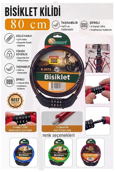 Siyah Şifreli Bisiklet Kilidi 80 cm 1 Adet K-3675 Çelik Halat Plastik Kaplamalı Bisiklet Kiliti Scooter Kapı Şifreli ürün görseli 1