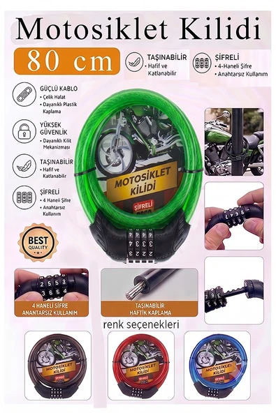 Yeşil Şifreli Motosiklet Kilidi 80 cm 1 Adet K-3682 Çelik Halat Plastik Kaplamalı Bisiklet Kiliti Motorsiklet Scooter ürün görseli 1