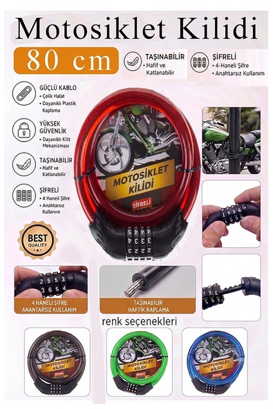 Kırmızı Şifreli Motosiklet Kilidi 80 cm 1 Adet K-3682 Çelik Halat Plastik Kaplamalı Bisiklet Kiliti Motorsiklet Scooter ürün görseli 1