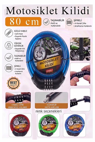 Mavi Şifreli Motosiklet Kilidi 80 cm 1 Adet K-3682 Çelik Halat Plastik Kaplamalı Bisiklet Kiliti Motorsiklet Scooter ürün görseli 1