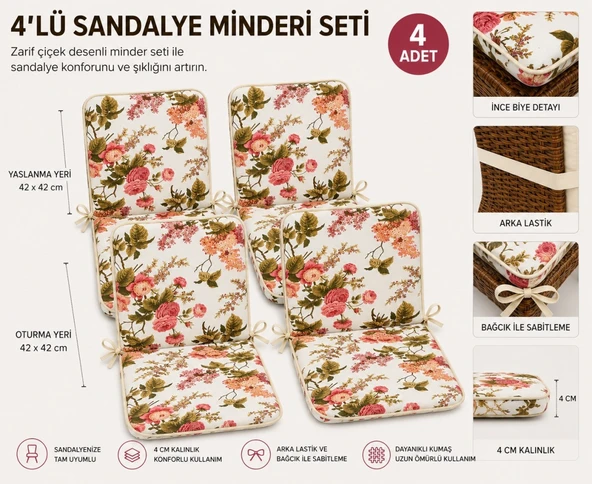 4 Adet Rattan Arkalıklı Sandalye Minderi (Kalınlık 4cm)-İngiliz Gülü (Pamuklu Kumaş) ürün görseli 1