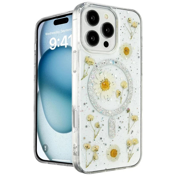 Apple İphone 16 Pro Max Kılıf Daisy Simli Magsafe Kapak - Gümüş ürün görseli 1