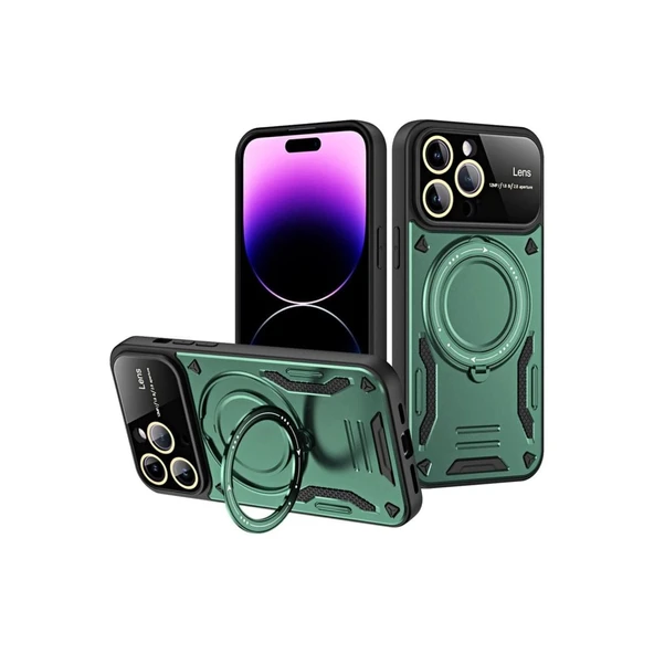 Apple İphone 16 Pro Kılıf Joy Lens Standlı Kapak - Koyu Yeşil ürün görseli 1