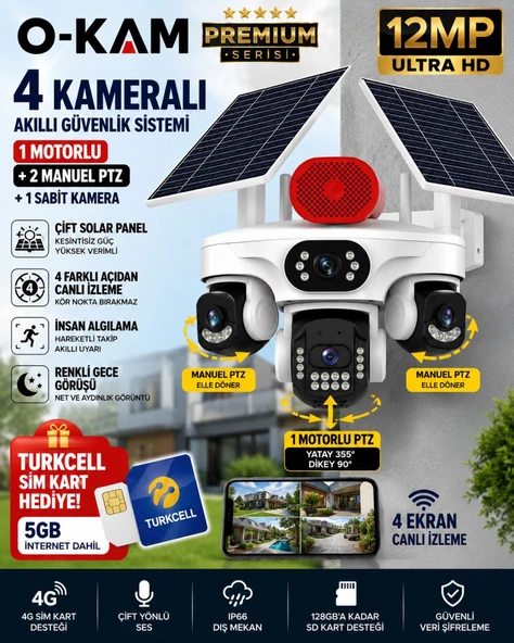 O-Kam OK337B Premium 12MP 4 Kameralı 4G Çift Solar Panel AOV Gece Görüş Sesli Konuşma Akıllı Kamera Turkcell Sim Kart ürün görseli 1