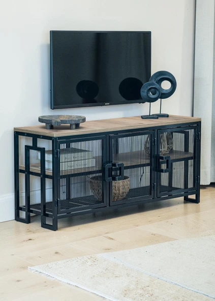 DEKORATİF METAL GÖVDELİ AHŞAP RAFLI TV ÜNİTESİ 3 RAFLI 3 KAPAKLI TV SEHPASI 120 x 30 CM TELEVİZYON ÜNİTESİ ürün görseli 1
