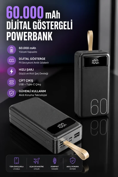 Powerbank 60.000 Mah Hızlı Şarj 4 Çıkışlı Uzun Şarj Süreli Dijital Göstergeli ürün görseli 1