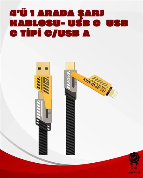 Dönüştürülebilir 4 Başlıklı Hızlı Şarj Kablosu – 1.2m, 65W, Dayanıklı ve Esnek Tasarım ürün görseli 1
