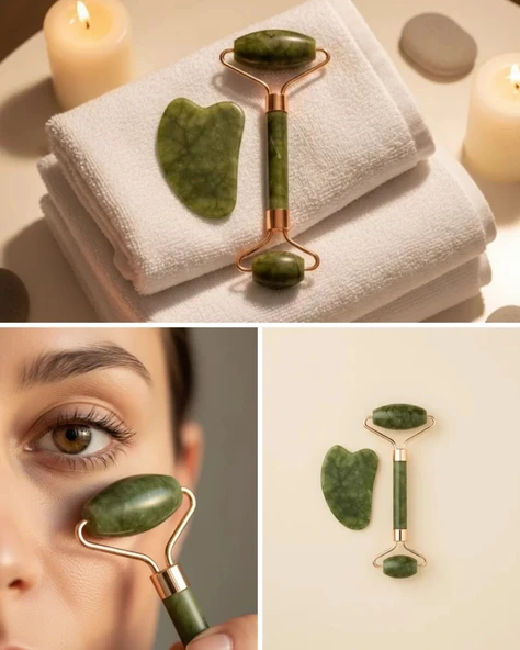 Nevamel® Yeşim Taşı Yüz Bakım Seti Çift Başlıklı Roller ve Gua Sha ürün görseli 1