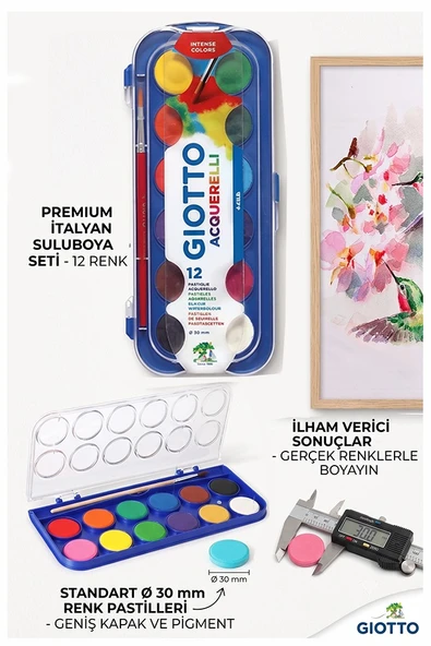 12 Renk Sulu Boya 30mm Büyük 1 Paket Giotto 12 li Suluboya Fırça Hediyeli Canlı Renkler Acquerelli Kaliteli Yıkanabilir ürün görseli 1