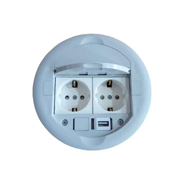 Masa Üstü Priz Kutusu Gömme Tip Gri + 2 Ad. Priz+1 Ad. USB Geçiş ürün görseli 1