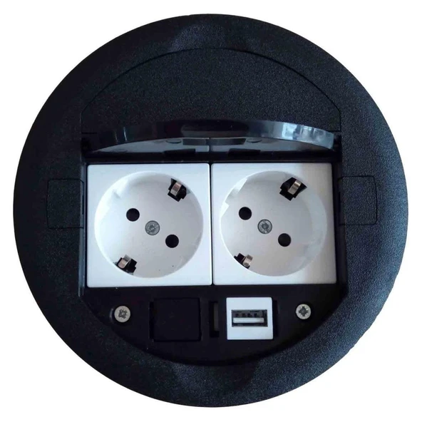 Masa Üstü Priz Kutusu Gömme Tip Siyah + 2 Ad. Priz + 1 Ad. USB Geçiş ürün görseli 1