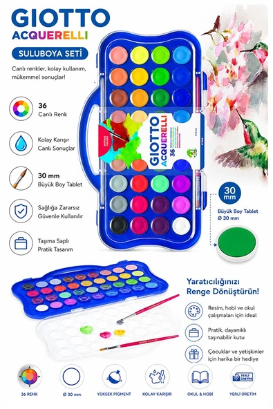 36 Renk Sulu Boya 30mm Büyük 1 Paket Giotto 36 lı Suluboya Fırça Hediyeli Canlı Renkler Acquerelli Kaliteli Yıkanabilir ürün görseli 1