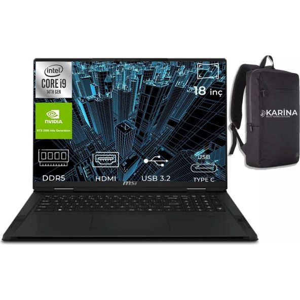 MSI Msı Creatorpro X18 Hx Intel Core I9 14900HX A14VKSG-481TR-K0000 96GB 4tb RTX3500 Ada W11PRO 18" Wquxga Notebook Iş Istasyonu ürün görseli 1