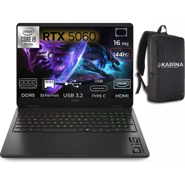 HP Omen 16-AM0033NT I9-14900HX C39J7EA-K10 48GB 1tb RTX5060 8gb Freedos 16" Wuxga Gaming Laptop ürün görseli 1