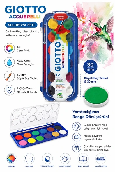 12 Renk Sulu Boya 30mm Büyük 1 Paket Giotto 12 li Suluboya Fırça Hediyeli Canlı Renkler Acquerelli Kaliteli Yıkanabilir ürün görseli 1
