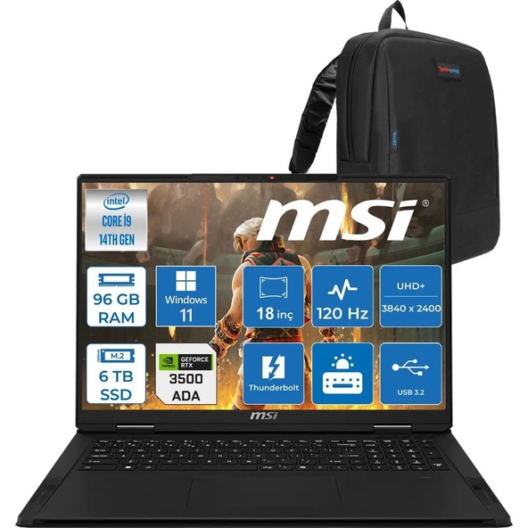 MSI Msı Creatorpro X18 Hx A14VKSG-481TR Intel Core I9 14900HX 96GB Ddr5 6tb SSD Windows 11 Pro Rtx 3500 Ada Gddr6 12GB 175W 18 Inç Uhd+ (3840×2400) 120Hz Mobil Iş Istasyonu 481TRP15 + Zetta Çanta ürün görseli 1