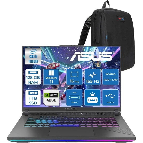 Asus Rog Strix G16 G614JVR 14. Nesil Intel I9-14900HX 128GB Ddr5 1tb SSD RTX4060/8GB 140W 16 Inç (1920 x 1200, Wuxga) 165Hz IPS WIN11HOME Gaming Bilgisayar WN3095H38+ZETTAÇANTA ürün görseli 1