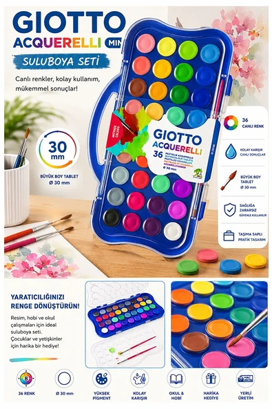 36 Renk Sulu Boya 30mm Büyük 1 Paket Giotto 36 lı Suluboya Fırça Hediyeli Canlı Renkler Acquerelli Kaliteli Yıkanabilir ürün görseli 1