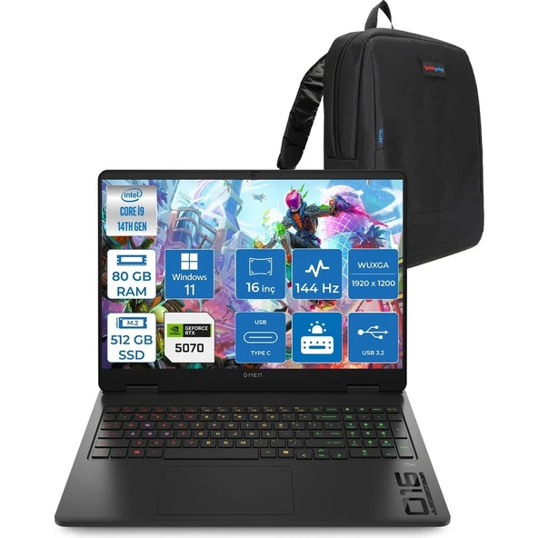 HP Omen 16-AM0031NT Intel Core I9 14900HX 80GB Ddr5 512GB SSD RTX5070 8gb Gddr7 Windows 11 Pro 16 Inç Wuxga (1920X1200) 144Hz 300NITS IPS Taşınabilir Bilgisayar C39J4EAP37 + Zetta Çanta ürün görseli 1